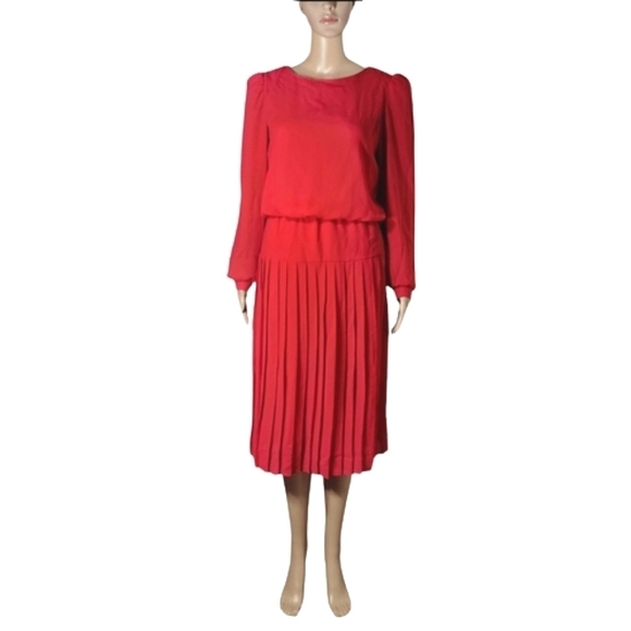Vintage 1970s Cami Red Long Sleeves Drop-waist Pleated Midi Dress Womens Size 10 - Picture 2 of 15